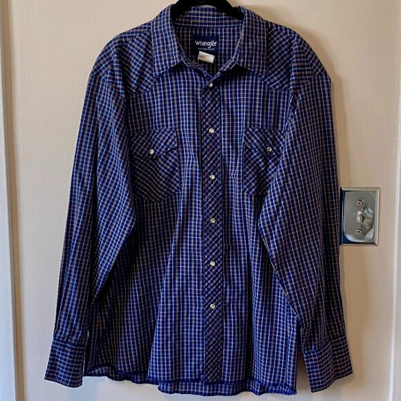 Wrangler Western Shirts XL Pearl Snap-button down Long-sleeve Shirt Blue Plaid - Picture 1 of 5